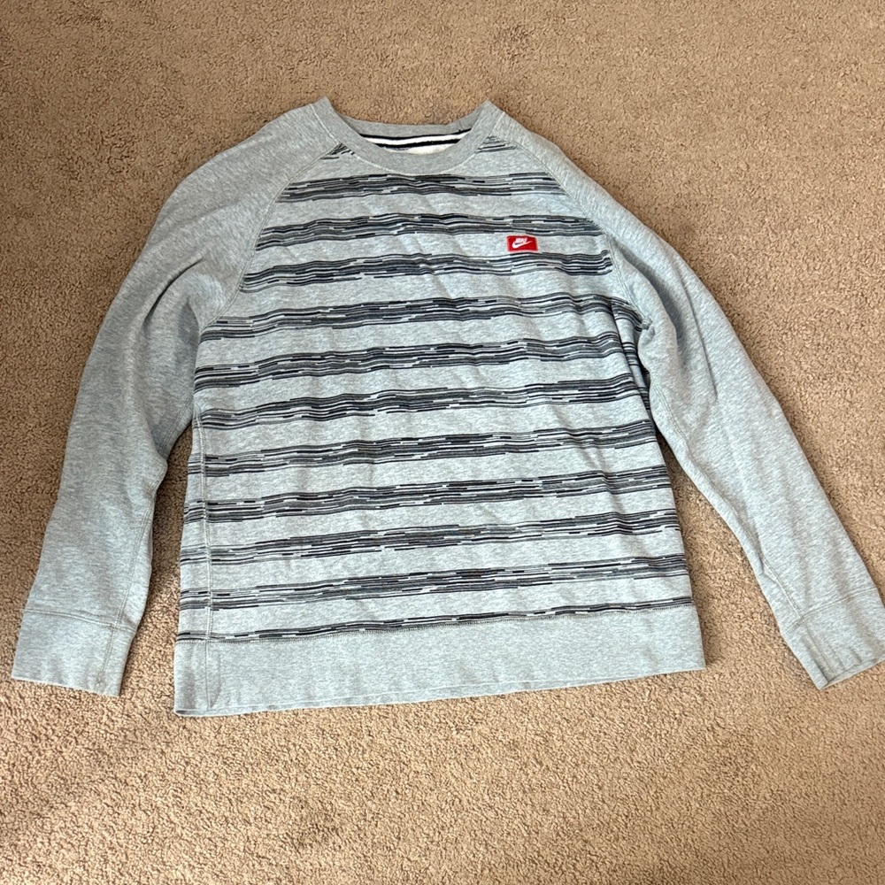 Vintage Nike Gray and Black Striped Shirt with Red Logo